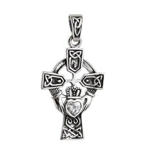 Sterling Silver Claddagh Crystal Heart Cross Celtic Knot Pendant